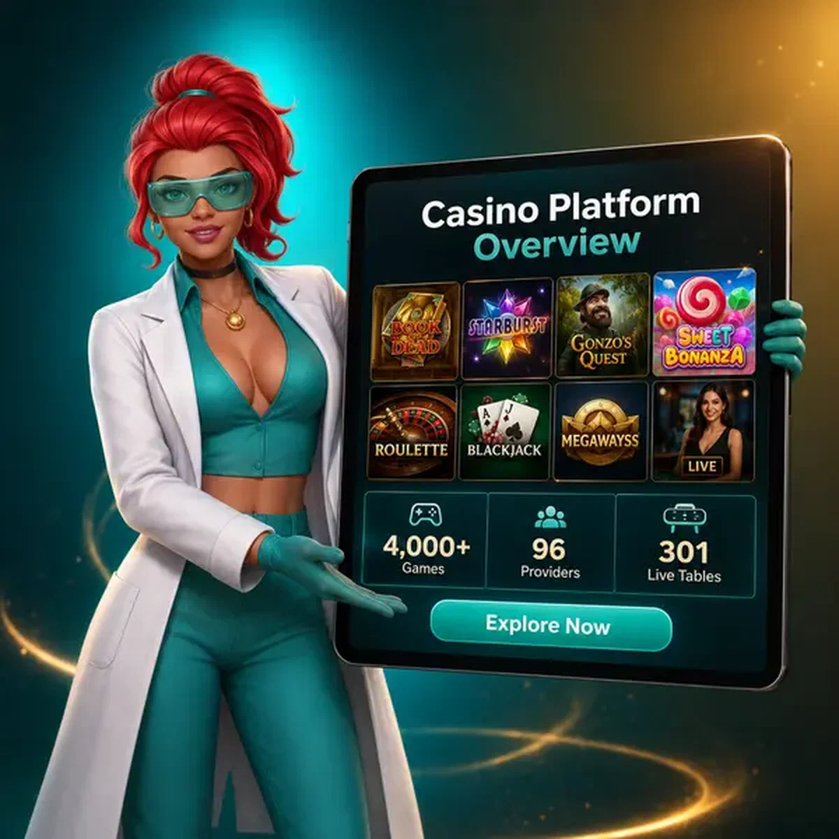 Vue d'ensemble de la plateforme Boomzino Casino affichée sur tablette montrant plus de 4 000 jeux de 96 fournisseurs