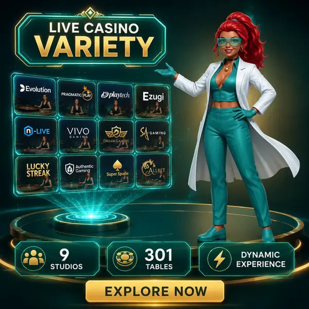Hôte énergique présentant les options de casino en direct chez Boomzino avec affichage holographique des jeux