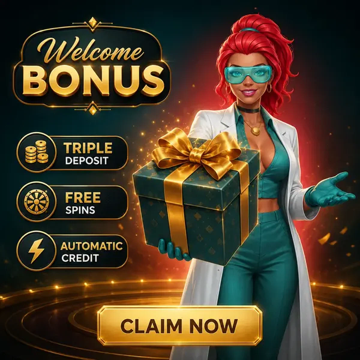 Le Catalyst présentant le cadeau du bonus de bienvenue Boomzino avec des étincelles dorées et un sourire chaleureux
