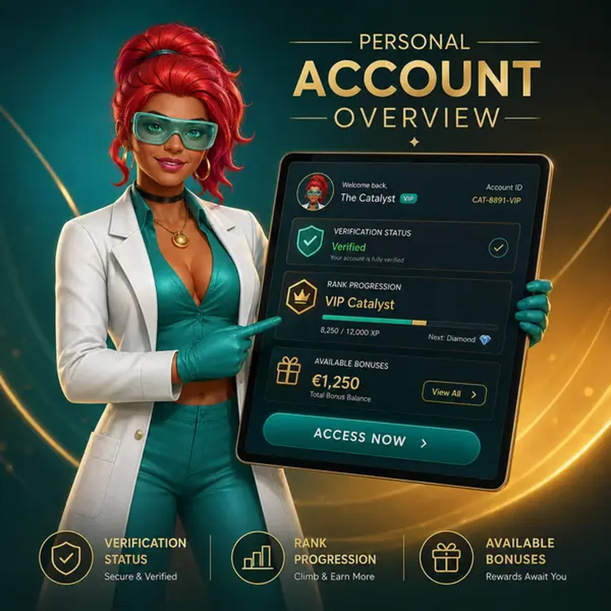 Personnage féminin présentant le tableau de bord du compte sur tablette à l'interface de connexion Boomzino