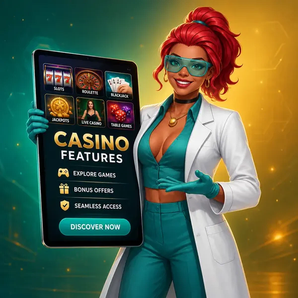 Femme dynamique présentant les fonctionnalités du casino sur tablette chez Boomzino - découvrez jeux et bonus