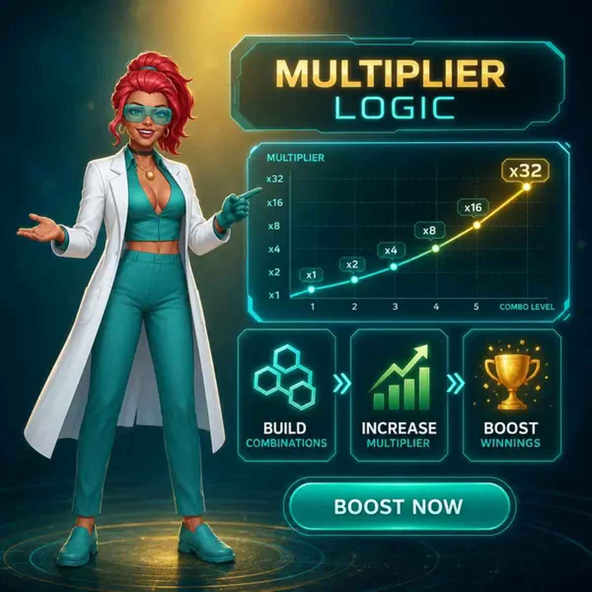 The Catalyst explique la logique du multiplicateur ComboBoost avec un graphique holographique