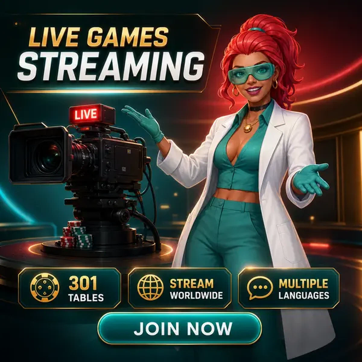 Hôte croupier en direct présentant la configuration de streaming chez Streaming Infrastructure and Table Distribution