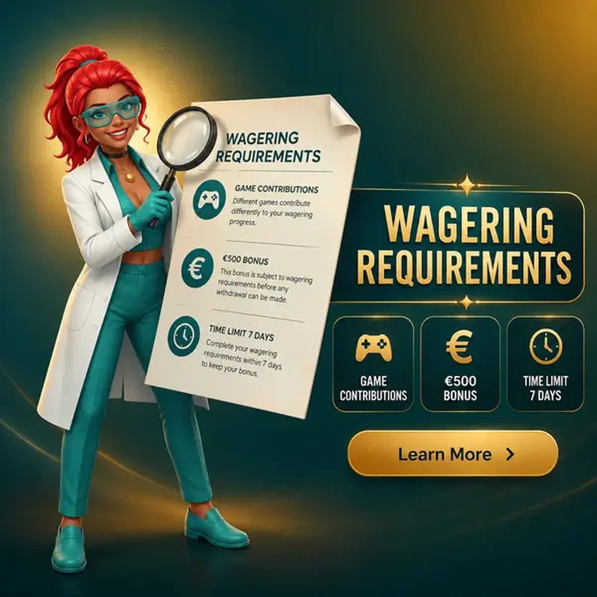 Analyste professionnel examinant un document de conditions de mise avec une loupe devant un affichage de bonus brillant